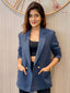 Women Navy Blue Solid Double-Breasted Blazer